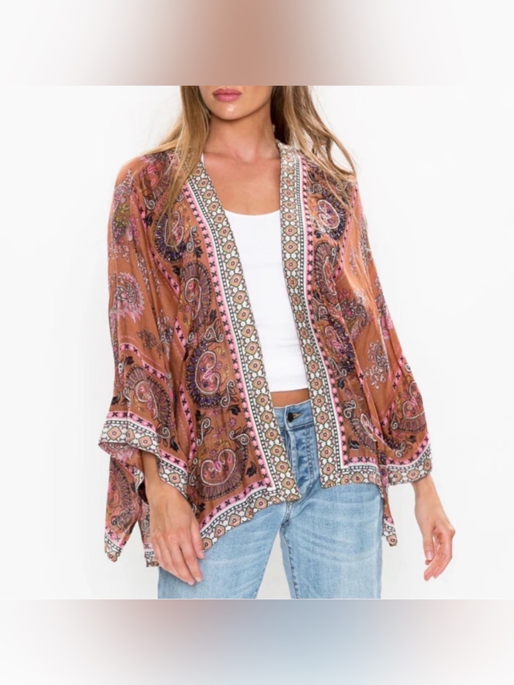 Aratta Silent Journey Amelia Beaded Paisley Kimono Boho Chic Bohemian Oversized